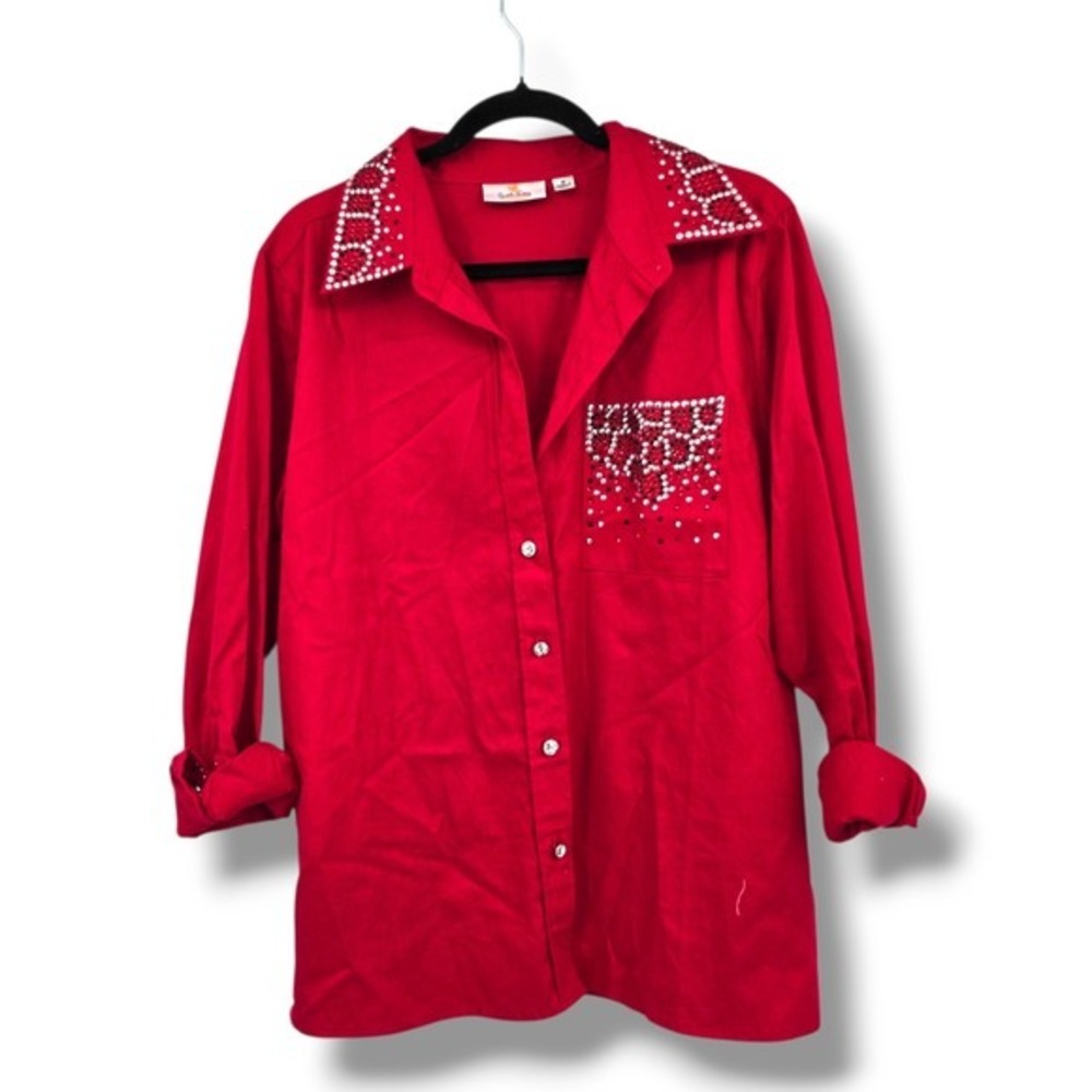 Quacker Factory Embellished Top‎ Rhinestone Button Down Shirt Red M